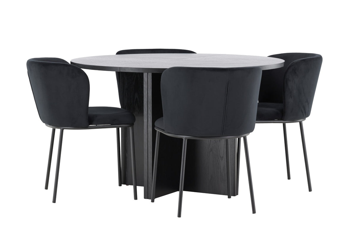 Schwarzer Esstisch Strada aus MDF mit sechs Edina Stühlen mit Samtbezug, ausziehbare Tischplatte, skandinavisches Design von Venture Home.