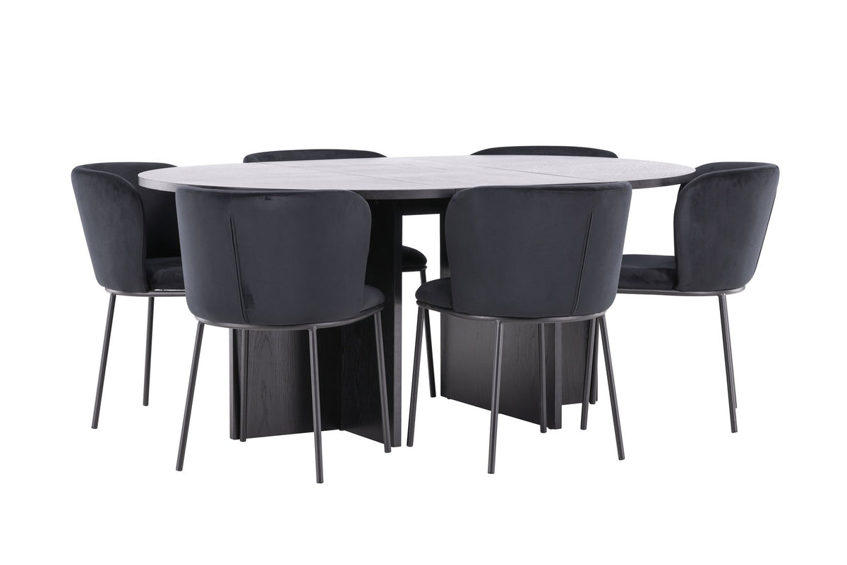 Schwarzer Esstisch Strada aus MDF mit sechs Edina Stühlen mit Samtbezug, ausziehbare Tischplatte, skandinavisches Design von Venture Home.