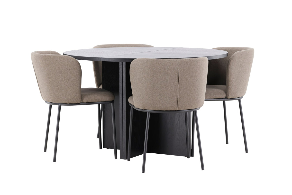 Schwarzer Esstisch Strada aus MDF mit sechs Edina Stühlen mit Samtbezug, ausziehbare Tischplatte, skandinavisches Design von Venture Home.