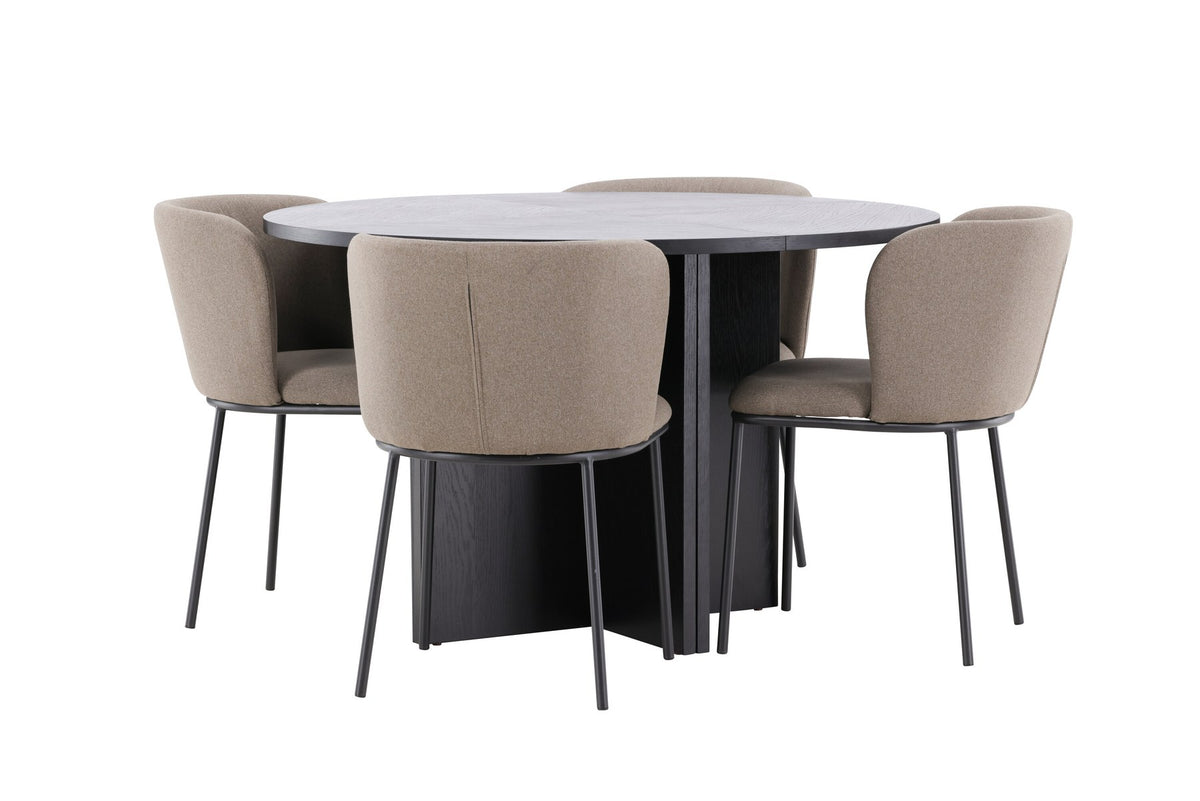 Schwarzer Esstisch Strada aus MDF mit sechs Edina Stühlen mit Samtbezug, ausziehbare Tischplatte, skandinavisches Design von Venture Home.