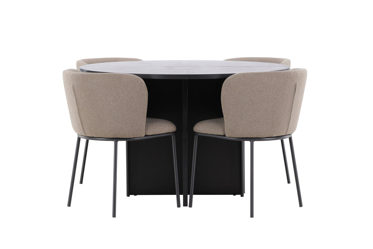 Schwarzer Esstisch Strada aus MDF mit sechs Edina Stühlen mit Samtbezug, ausziehbare Tischplatte, skandinavisches Design von Venture Home.