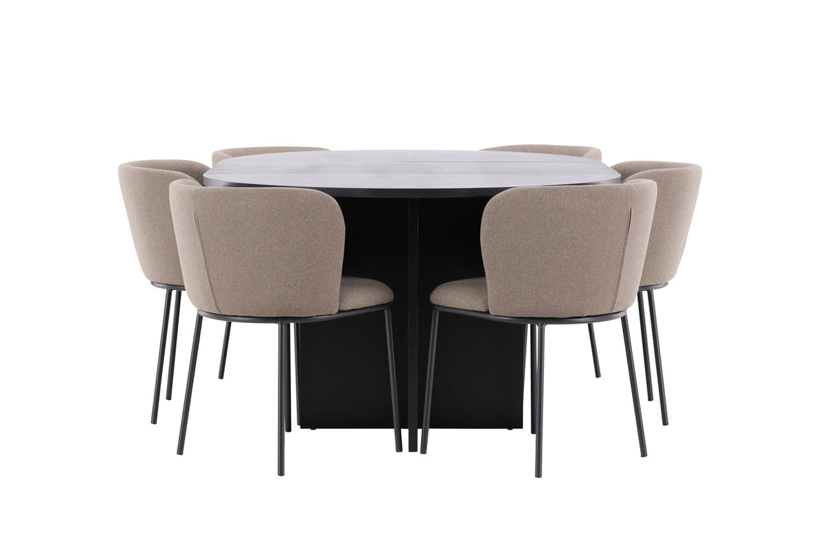 Schwarzer Esstisch Strada aus MDF mit sechs Edina Stühlen mit Samtbezug, ausziehbare Tischplatte, skandinavisches Design von Venture Home.