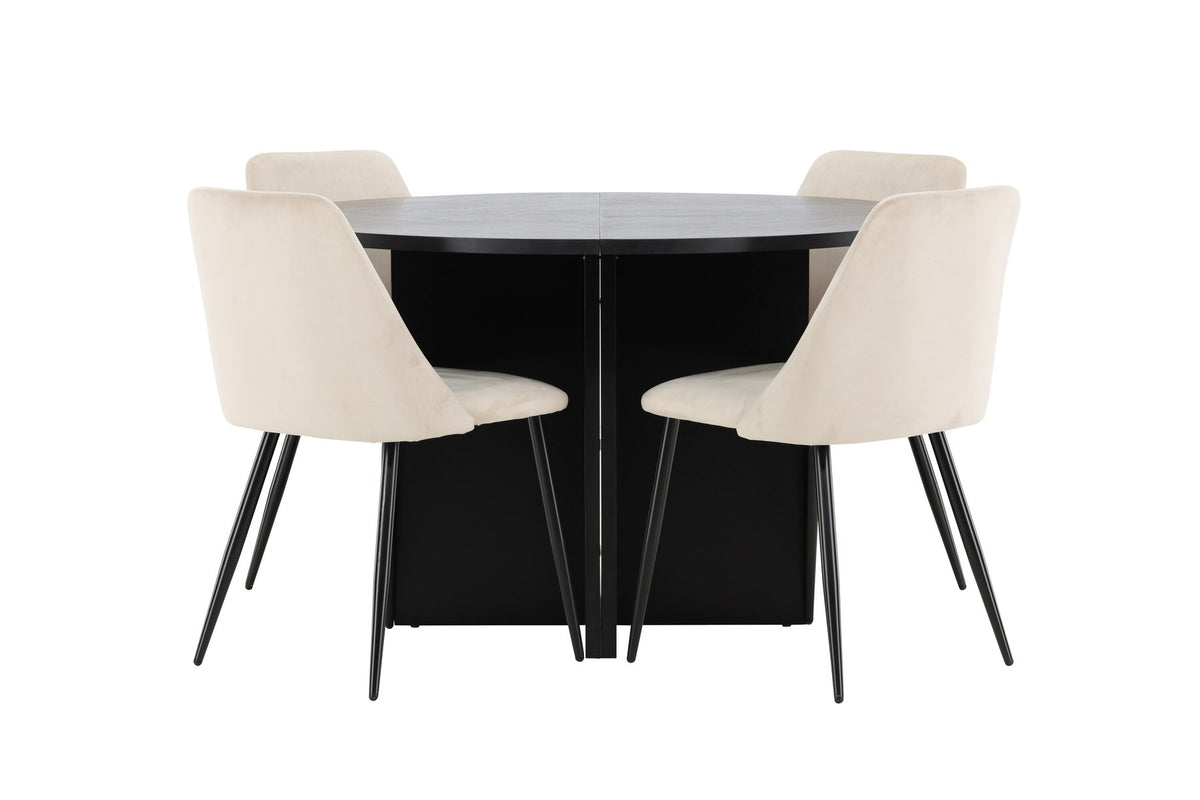 Runder Esstisch Strada aus MDF mit sechs Night-Stühlen mit Samtpolsterung und schwarzen Beinen, Esszimmerset von Venture Home