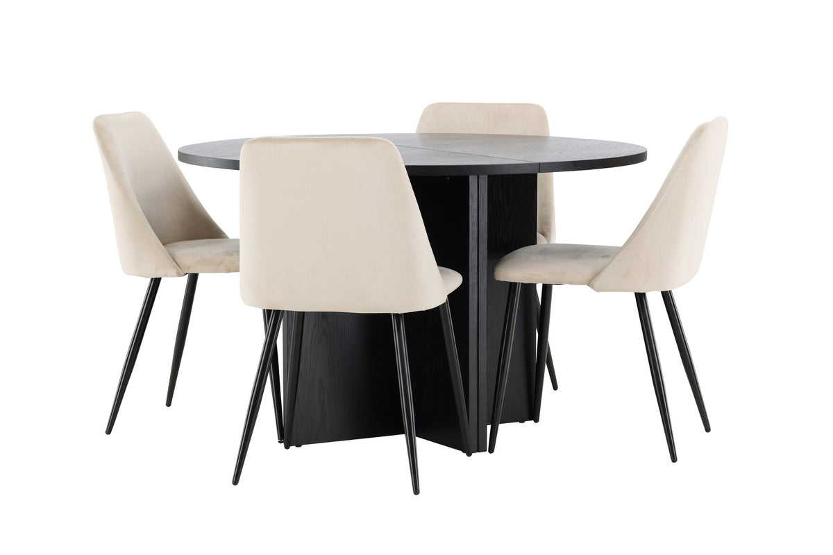 Runder Esstisch Strada aus MDF mit sechs Night-Stühlen mit Samtpolsterung und schwarzen Beinen, Esszimmerset von Venture Home