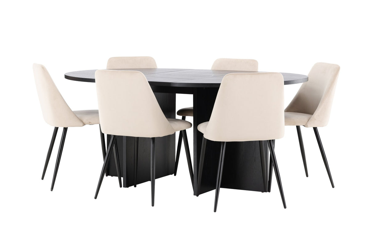 Runder Esstisch Strada aus MDF mit sechs Night-Stühlen mit Samtpolsterung und schwarzen Beinen, Esszimmerset von Venture Home