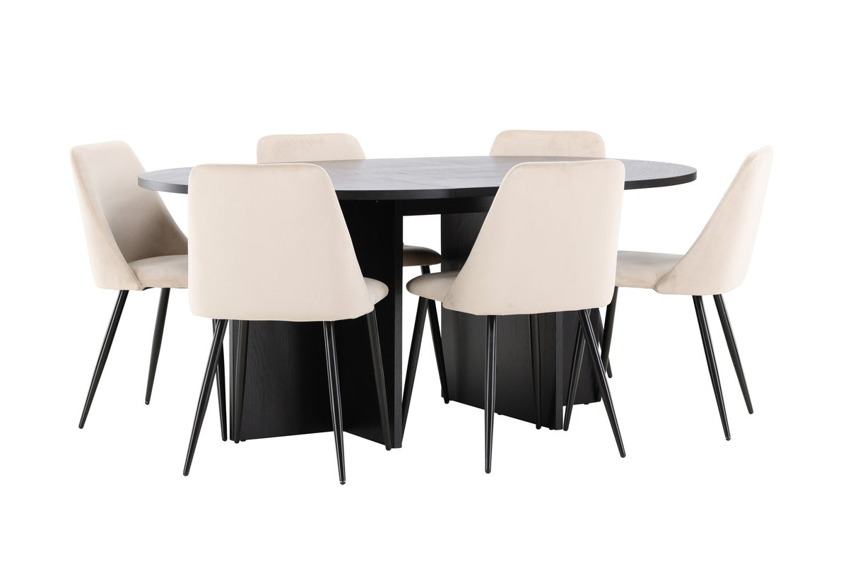 Runder Esstisch Strada aus MDF mit sechs Night-Stühlen mit Samtpolsterung und schwarzen Beinen, Esszimmerset von Venture Home