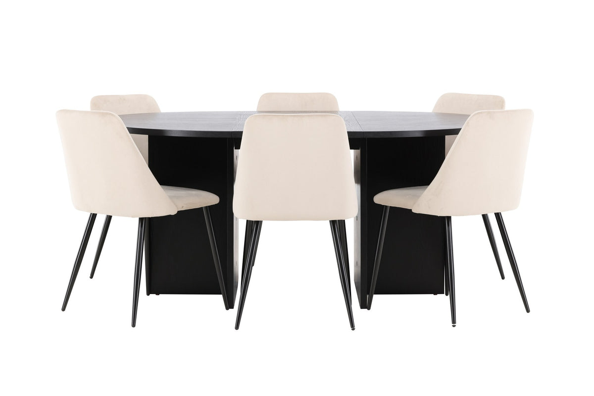 Runder Esstisch Strada aus MDF mit sechs Night-Stühlen mit Samtpolsterung und schwarzen Beinen, Esszimmerset von Venture Home