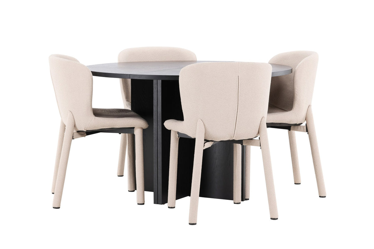 Rundes Esstischset Strada mit sechs Astoria-Stühlen aus MDF und Bouclé-Bezug, Ausführung Schwarz oder White Wash, sechs Sitzplätze