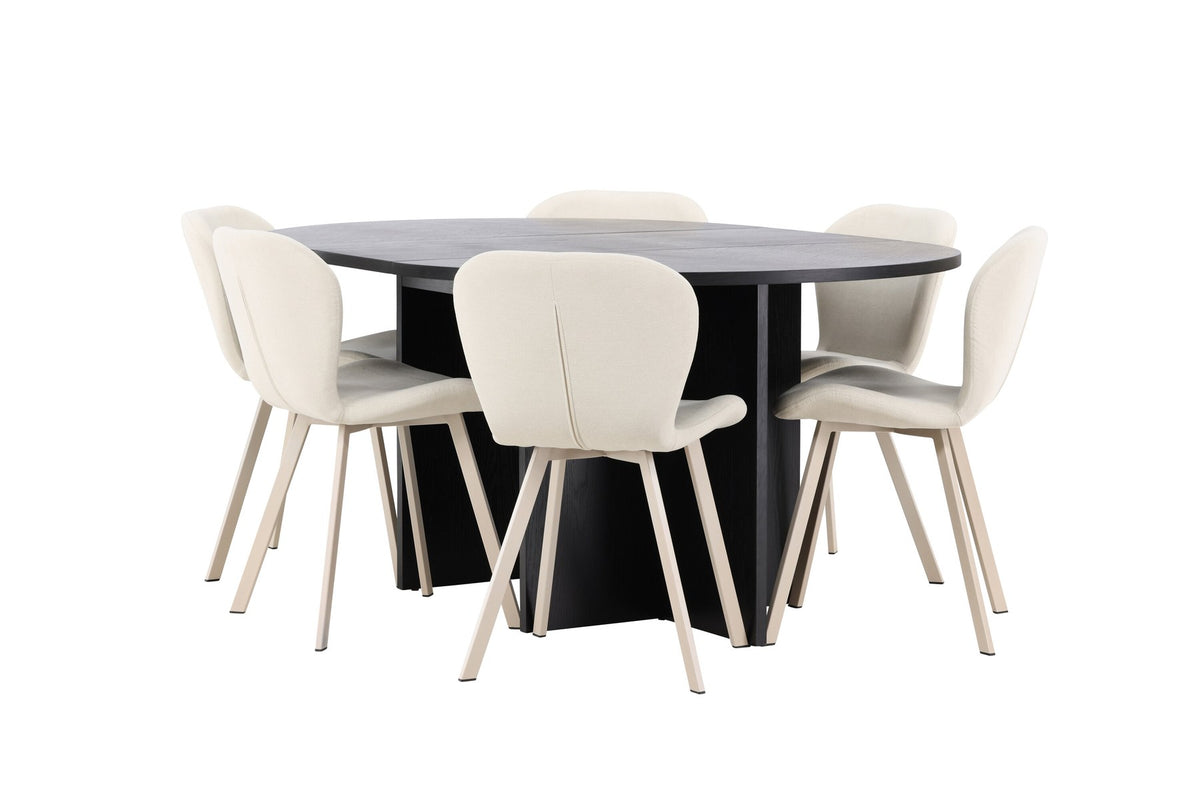 Runder Esstisch Strada aus MDF in White Wash mit sechs Lilja Stühlen, Esszimmerset von Venture Home in schlichtem Design