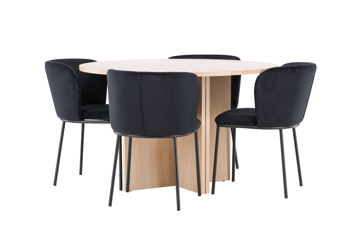 Schwarzer Esstisch Strada aus MDF mit sechs Edina Stühlen mit Samtbezug, ausziehbare Tischplatte, skandinavisches Design von Venture Home.