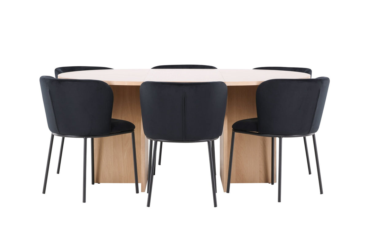 Schwarzer Esstisch Strada aus MDF mit sechs Edina Stühlen mit Samtbezug, ausziehbare Tischplatte, skandinavisches Design von Venture Home.