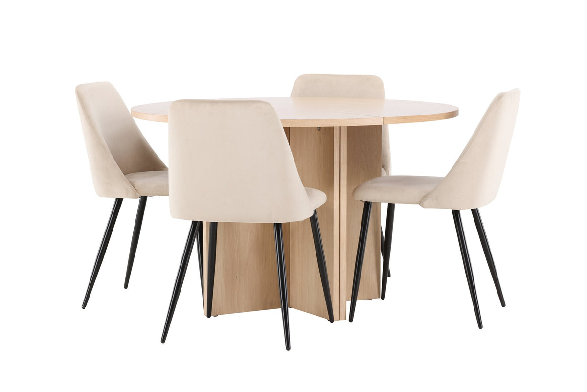Runder Esstisch Strada aus MDF mit sechs Night-Stühlen mit Samtpolsterung und schwarzen Beinen, Esszimmerset von Venture Home