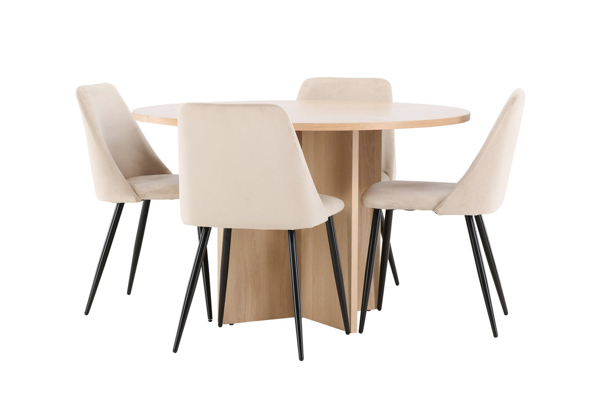 Runder Esstisch Strada aus MDF mit sechs Night-Stühlen mit Samtpolsterung und schwarzen Beinen, Esszimmerset von Venture Home