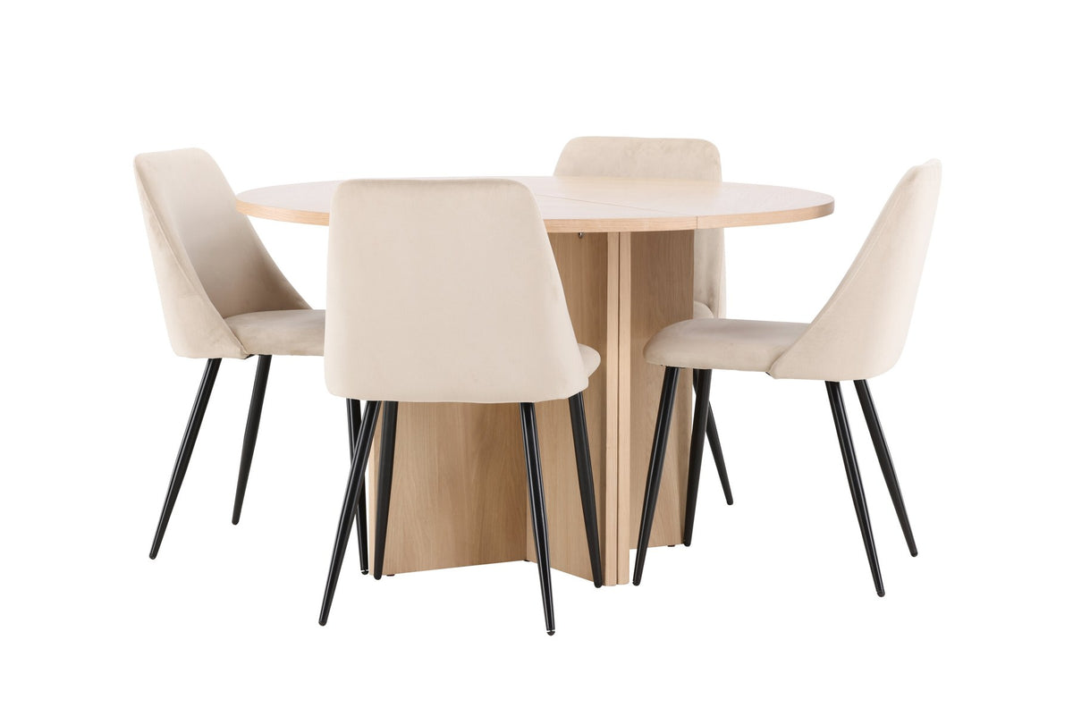 Runder Esstisch Strada aus MDF mit sechs Night-Stühlen mit Samtpolsterung und schwarzen Beinen, Esszimmerset von Venture Home
