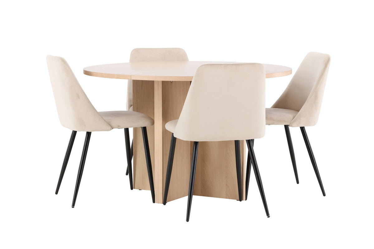 Runder Esstisch Strada aus MDF mit sechs Night-Stühlen mit Samtpolsterung und schwarzen Beinen, Esszimmerset von Venture Home
