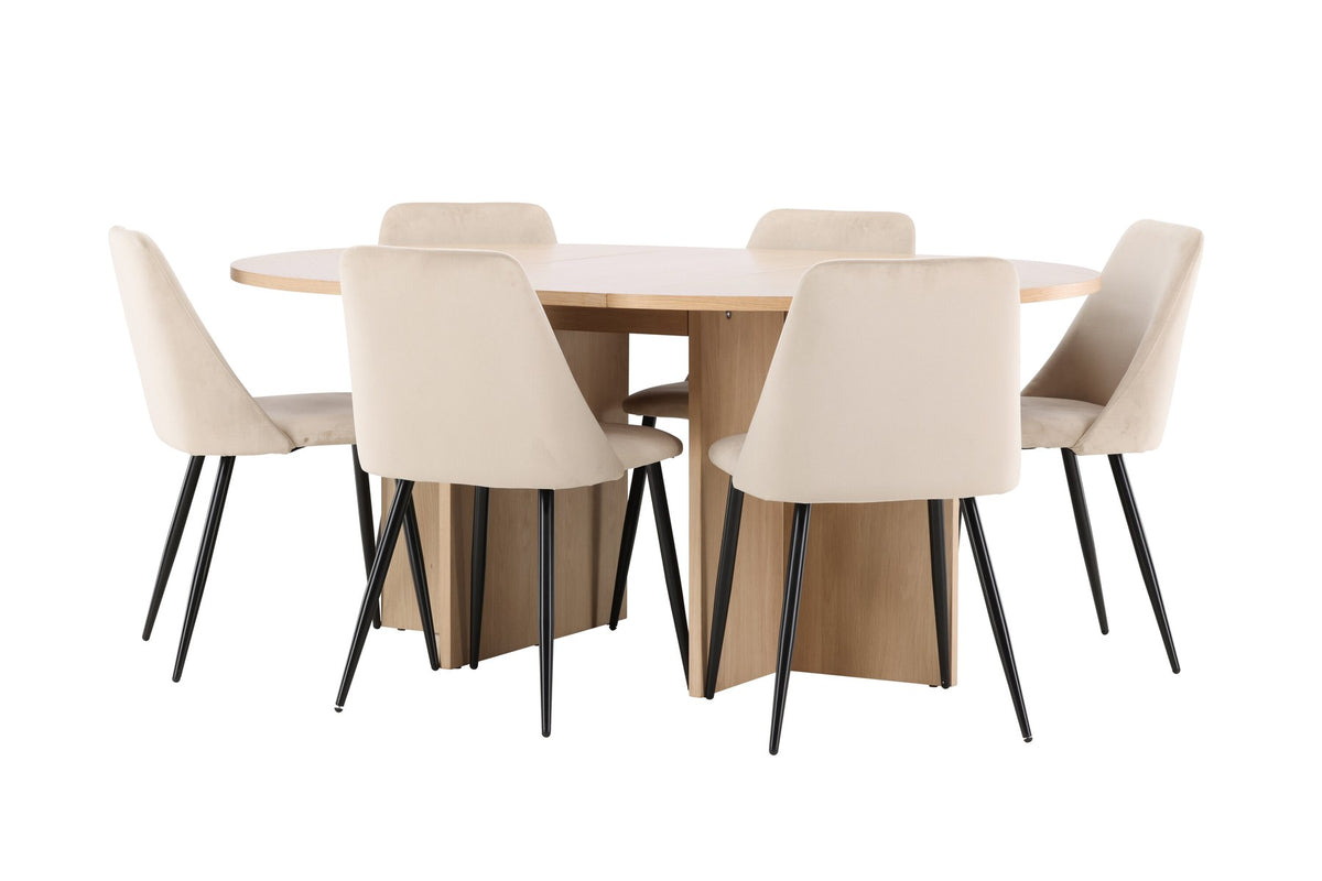 Runder Esstisch Strada aus MDF mit sechs Night-Stühlen mit Samtpolsterung und schwarzen Beinen, Esszimmerset von Venture Home