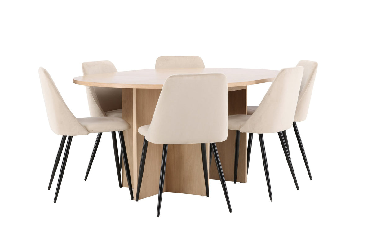 Runder Esstisch Strada aus MDF mit sechs Night-Stühlen mit Samtpolsterung und schwarzen Beinen, Esszimmerset von Venture Home