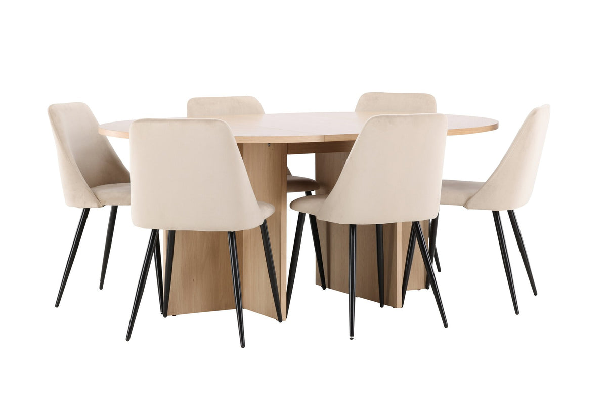 Runder Esstisch Strada aus MDF mit sechs Night-Stühlen mit Samtpolsterung und schwarzen Beinen, Esszimmerset von Venture Home