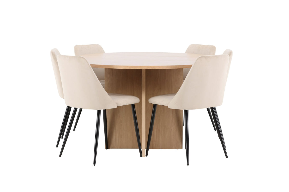 Runder Esstisch Strada aus MDF mit sechs Night-Stühlen mit Samtpolsterung und schwarzen Beinen, Esszimmerset von Venture Home