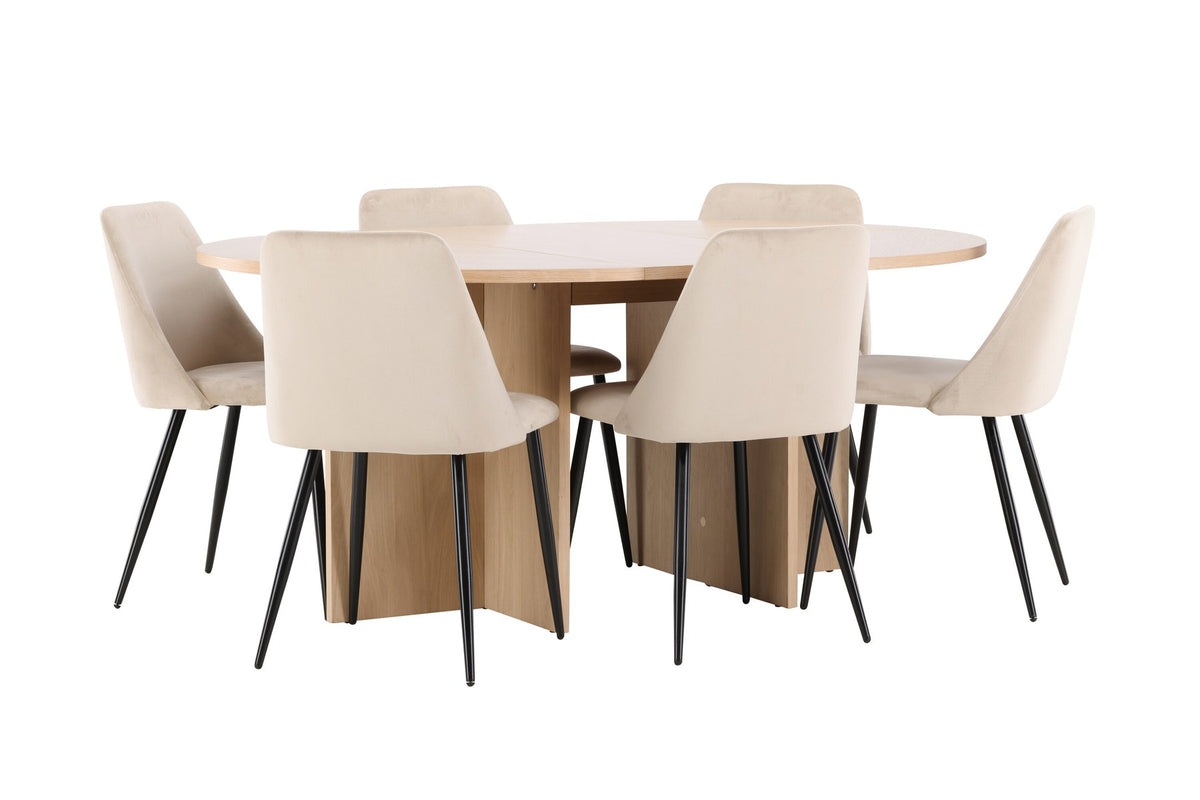Runder Esstisch Strada aus MDF mit sechs Night-Stühlen mit Samtpolsterung und schwarzen Beinen, Esszimmerset von Venture Home