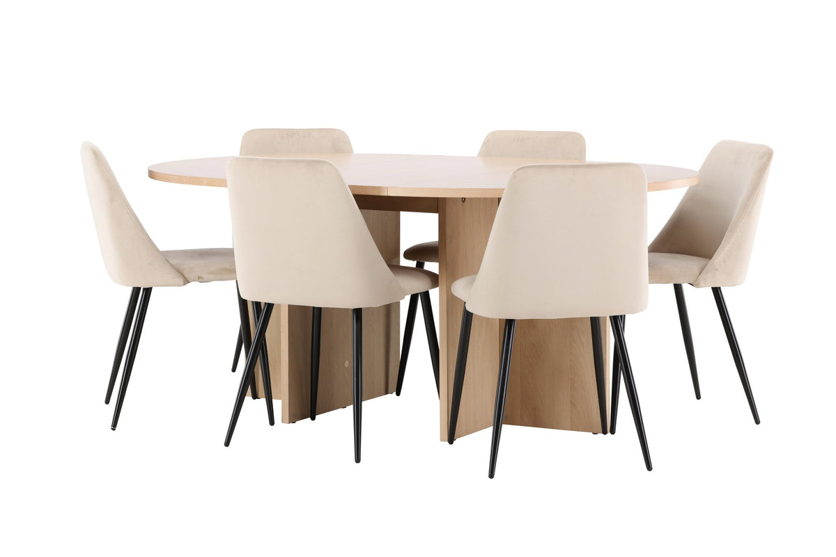 Runder Esstisch Strada aus MDF mit sechs Night-Stühlen mit Samtpolsterung und schwarzen Beinen, Esszimmerset von Venture Home