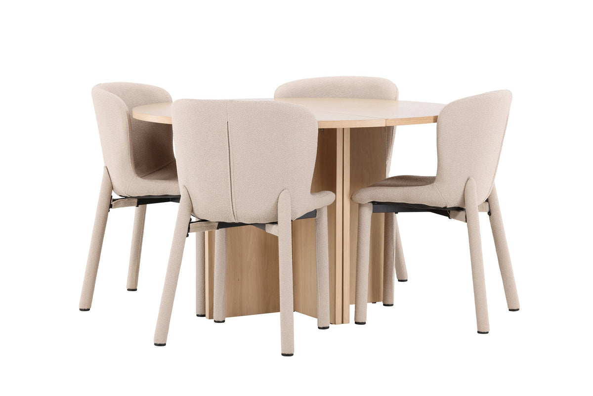 Rundes Esstischset Strada mit sechs Astoria-Stühlen aus MDF und Bouclé-Bezug, Ausführung Schwarz oder White Wash, sechs Sitzplätze