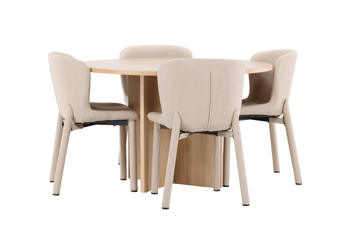 Rundes Esstischset Strada mit sechs Astoria-Stühlen aus MDF und Bouclé-Bezug, Ausführung Schwarz oder White Wash, sechs Sitzplätze