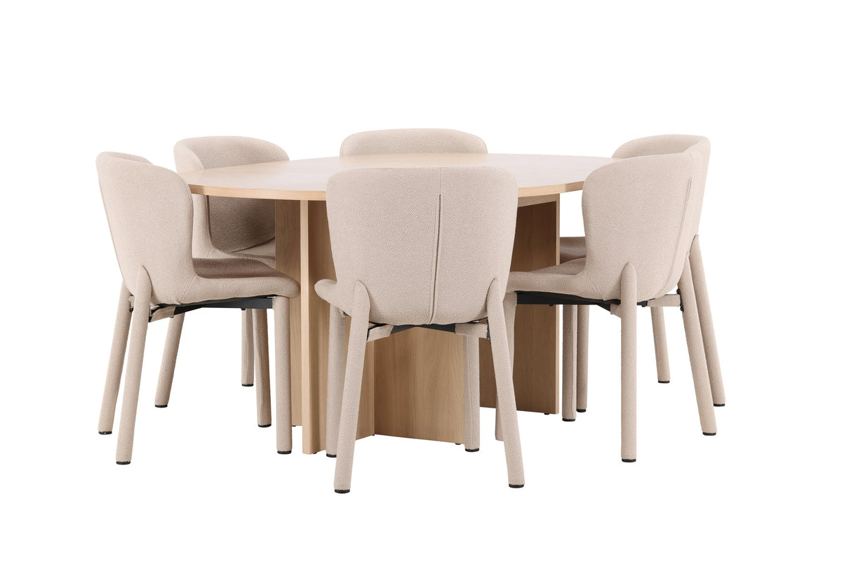Rundes Esstischset Strada mit sechs Astoria-Stühlen aus MDF und Bouclé-Bezug, Ausführung Schwarz oder White Wash, sechs Sitzplätze