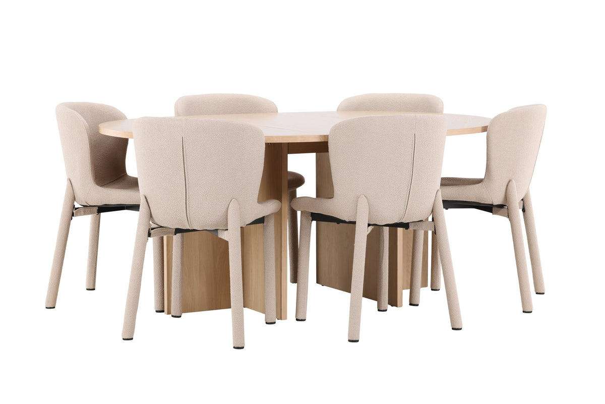 Rundes Esstischset Strada mit sechs Astoria-Stühlen aus MDF und Bouclé-Bezug, Ausführung Schwarz oder White Wash, sechs Sitzplätze