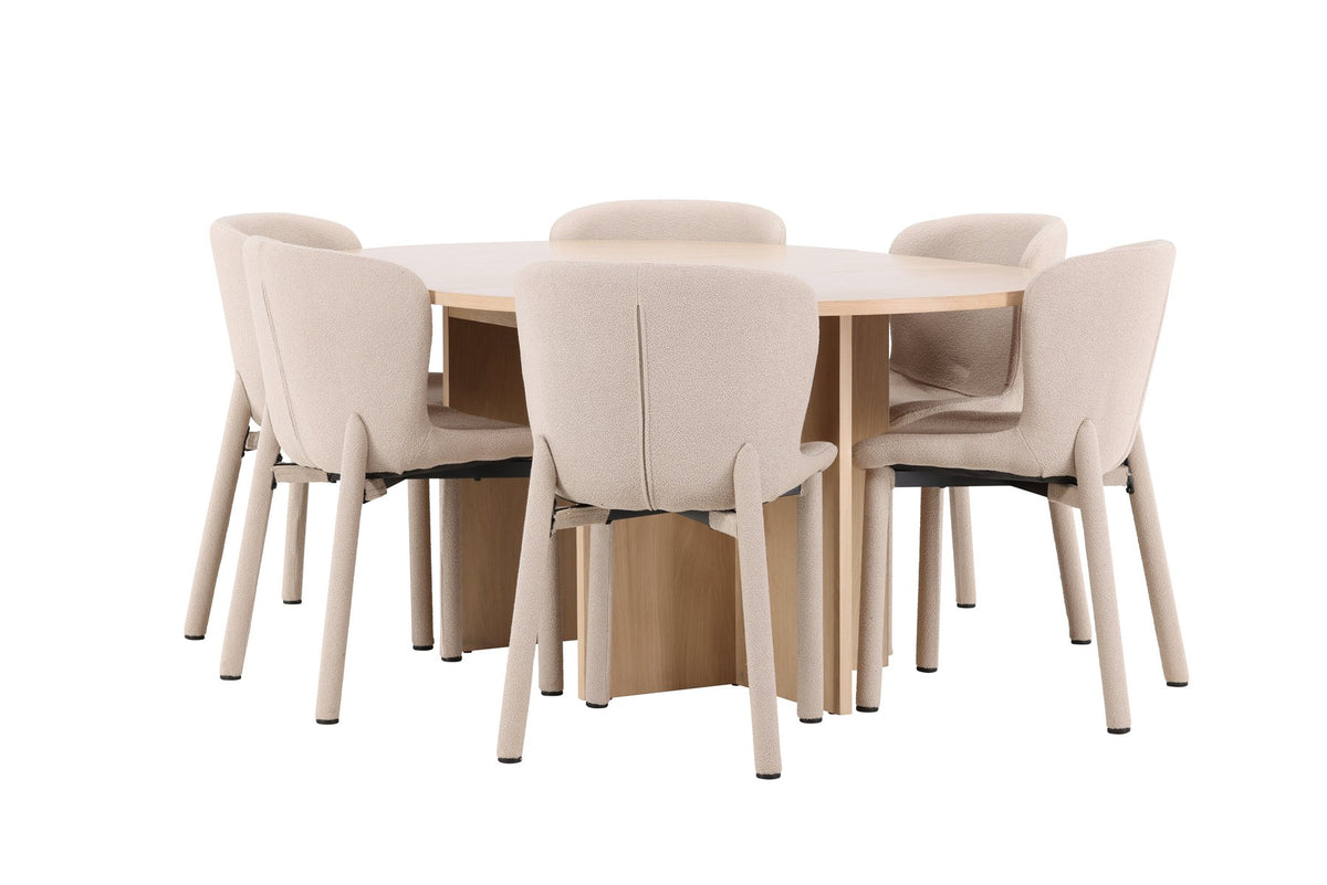 Rundes Esstischset Strada mit sechs Astoria-Stühlen aus MDF und Bouclé-Bezug, Ausführung Schwarz oder White Wash, sechs Sitzplätze