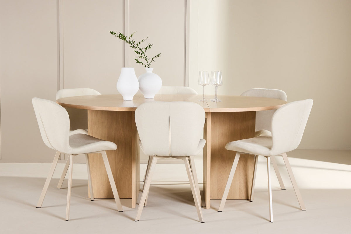Runder Esstisch Strada aus MDF in White Wash mit sechs Lilja Stühlen, Esszimmerset von Venture Home in schlichtem Design