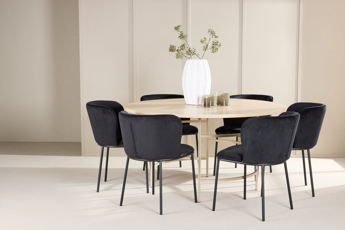 Rundes Esszimmerset Copenhagen von Venture Home: Esstisch aus MDF in White Wash mit sechs Edina Stühlen mit Metallgestell