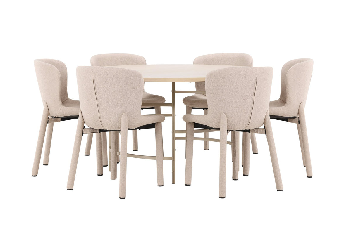 Runder Esstisch Copenhagen aus MDF in White Wash mit sechs Astoria-Stühlen aus Metall mit beiger Bouclé-Polsterung im Esszimmer.