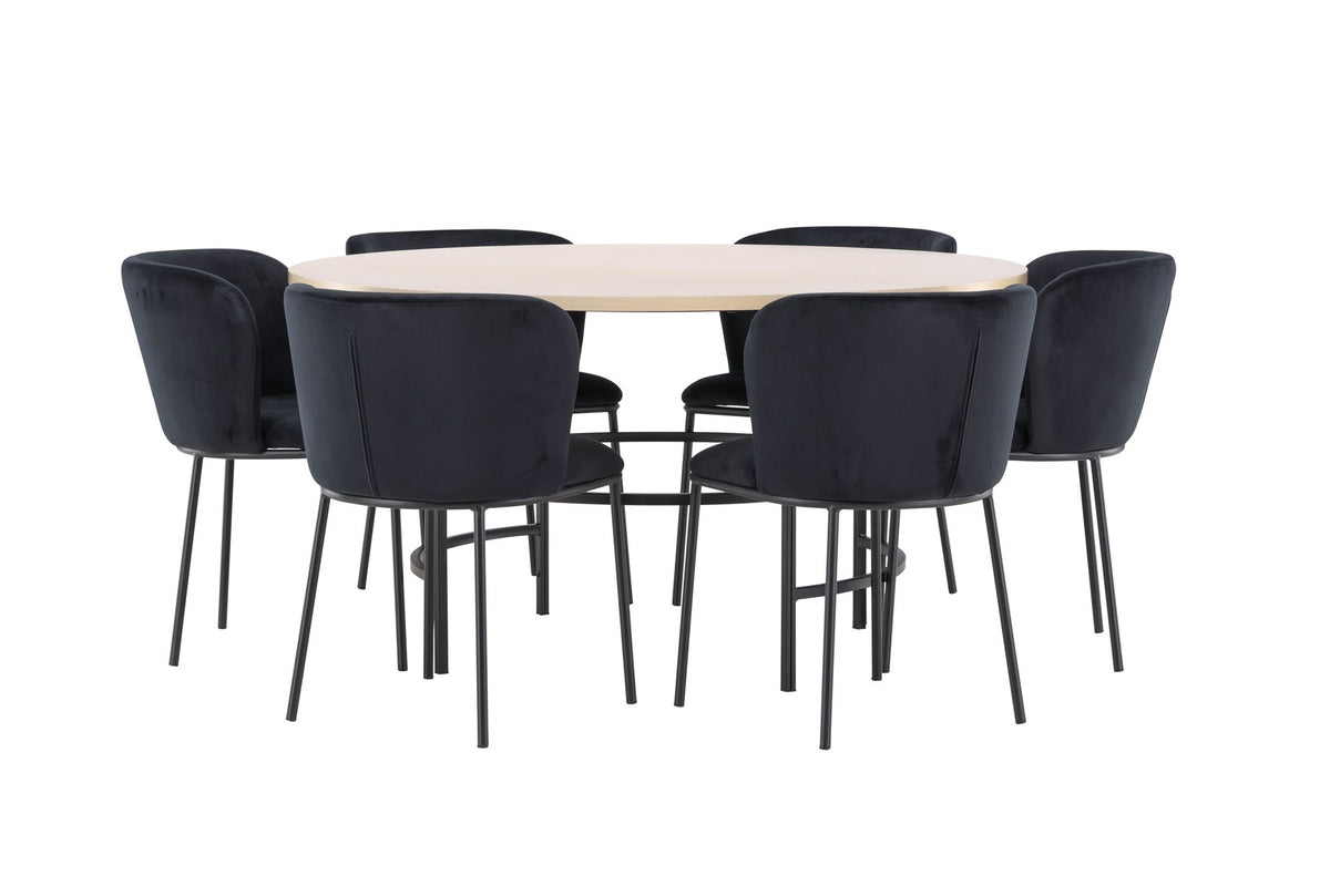 Rundes Esszimmerset Copenhagen von Venture Home: Esstisch aus MDF in White Wash mit sechs Edina Stühlen mit Metallgestell