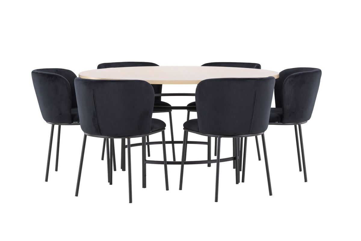 Rundes Esszimmerset Copenhagen von Venture Home: Esstisch aus MDF in White Wash mit sechs Edina Stühlen mit Metallgestell