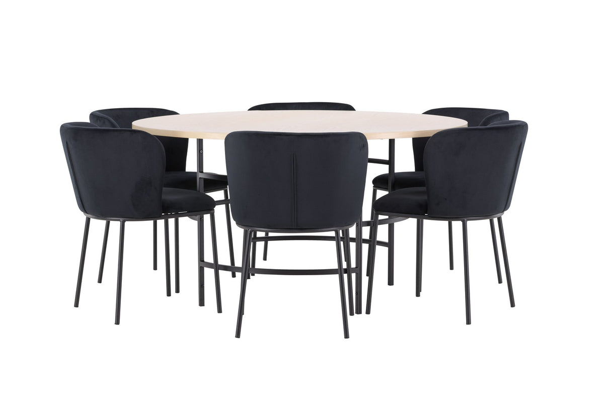 Rundes Esszimmerset Copenhagen von Venture Home: Esstisch aus MDF in White Wash mit sechs Edina Stühlen mit Metallgestell