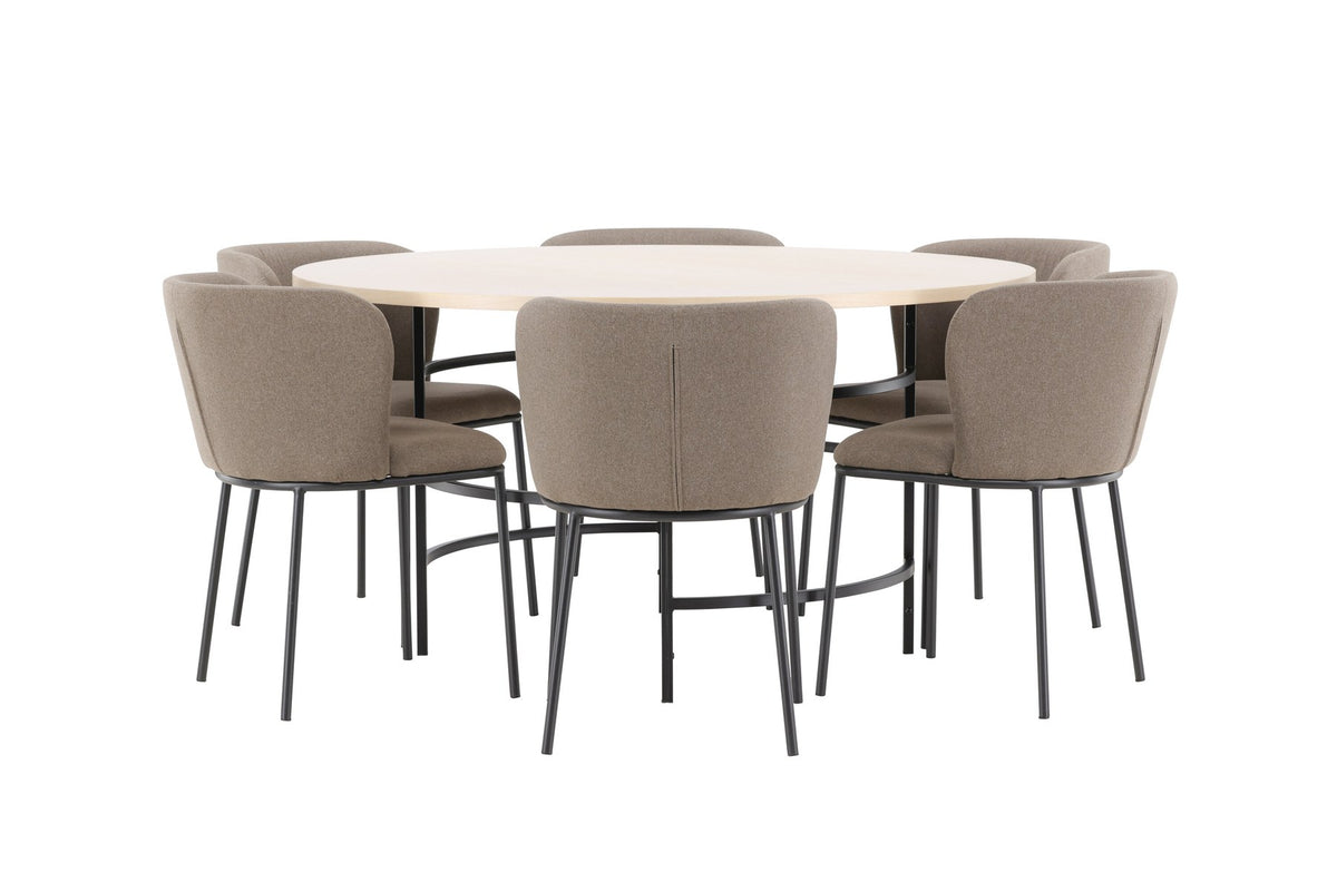 Rundes Esszimmerset Copenhagen von Venture Home: Esstisch aus MDF in White Wash mit sechs Edina Stühlen mit Metallgestell