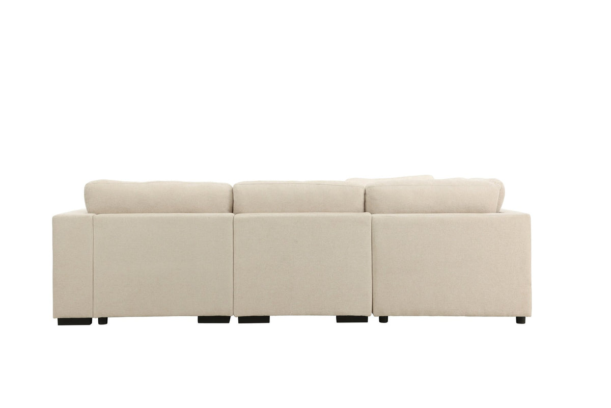 Ecksofa Salerno in Beige mit Polyesterbezug, beigen Kissen und schlanken schwarzen Kunststoffbeinen, Sitzhöhe 47 cm.