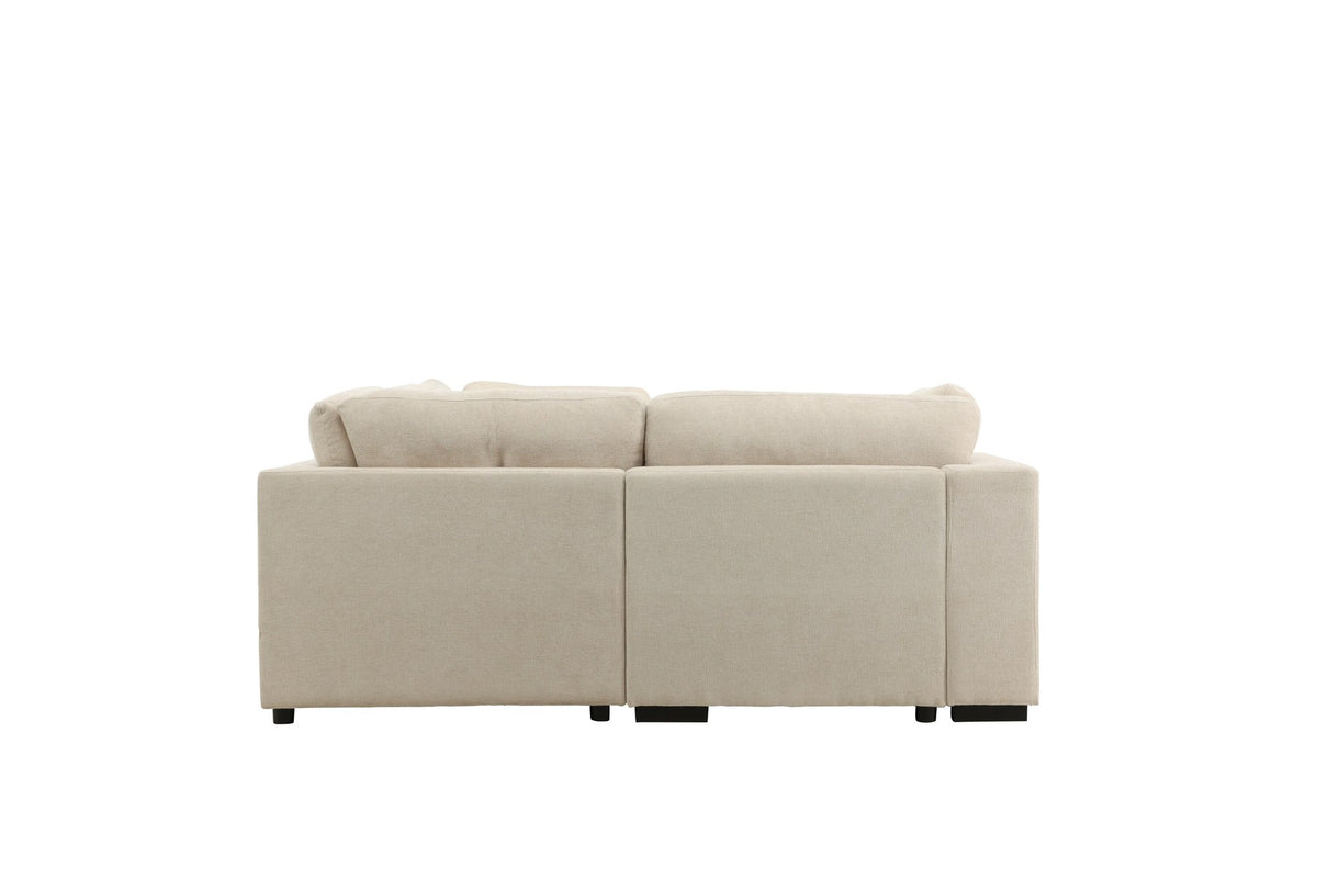 Ecksofa Salerno in Beige mit Polyesterbezug, beigen Kissen und schlanken schwarzen Kunststoffbeinen, Sitzhöhe 47 cm.