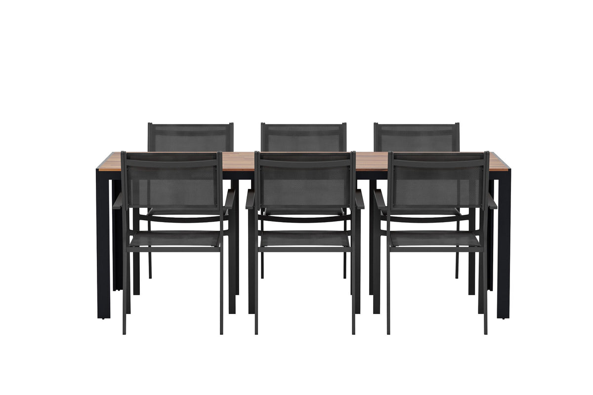Esstisch aus Holz mit Copacabana-Stühlen in Schwarz präsentiert im Onlineshop von KAQTU Design AG. Gartentischset ist von Venture Home