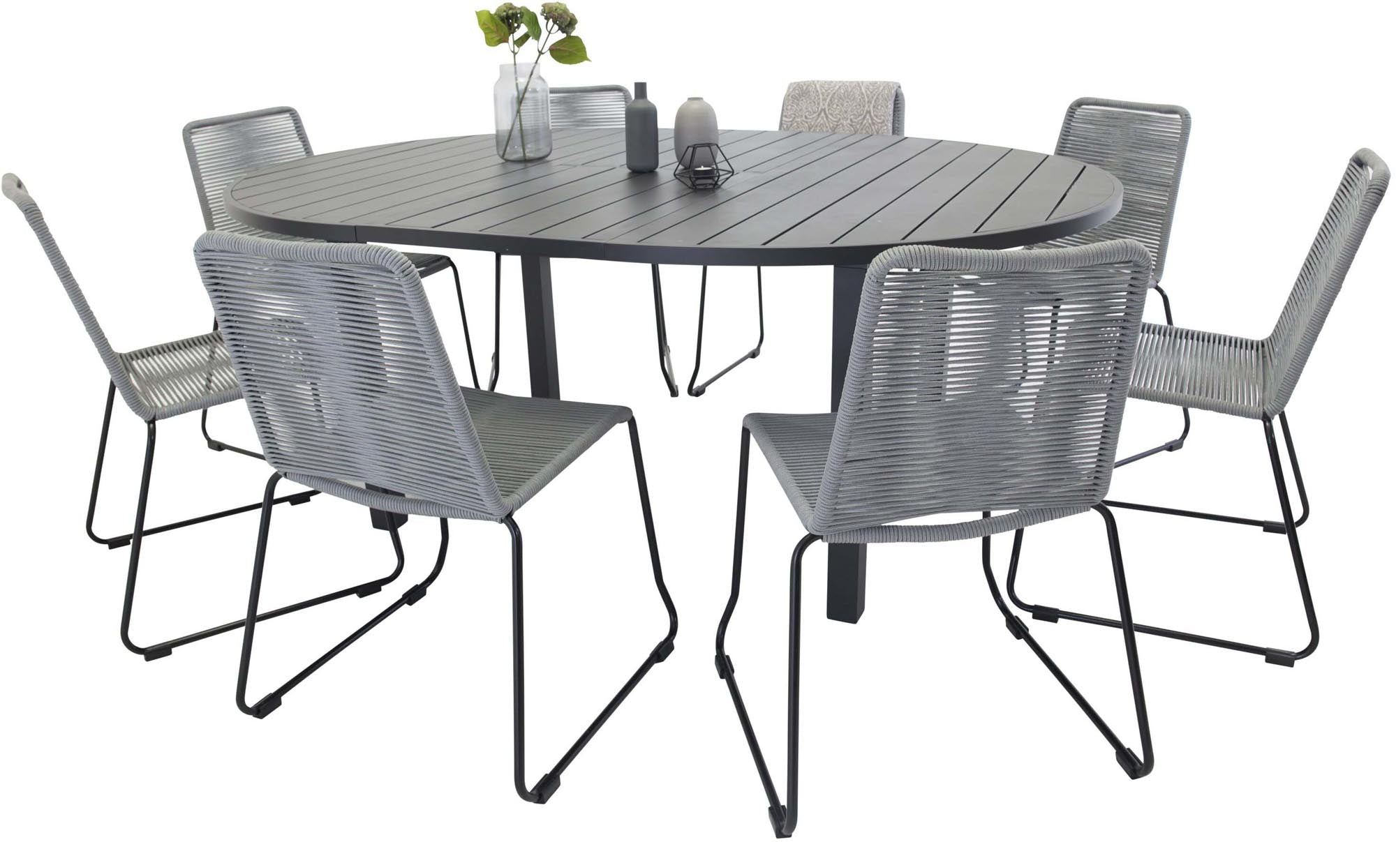 Marbella Outdoor-Tischset + Lindos ⌀140cm/8St. in Schwarzgrau präsentiert im Onlineshop von KAQTU Design AG. Gartentischset ist von Venture Home