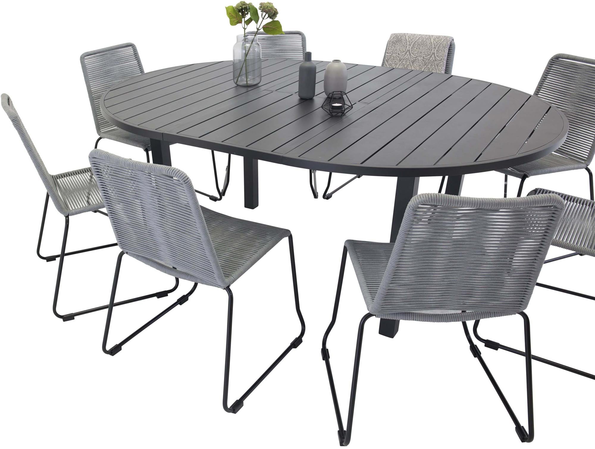 Marbella Outdoor-Tischset + Lindos ⌀140cm/8St. in Schwarzgrau präsentiert im Onlineshop von KAQTU Design AG. Gartentischset ist von Venture Home
