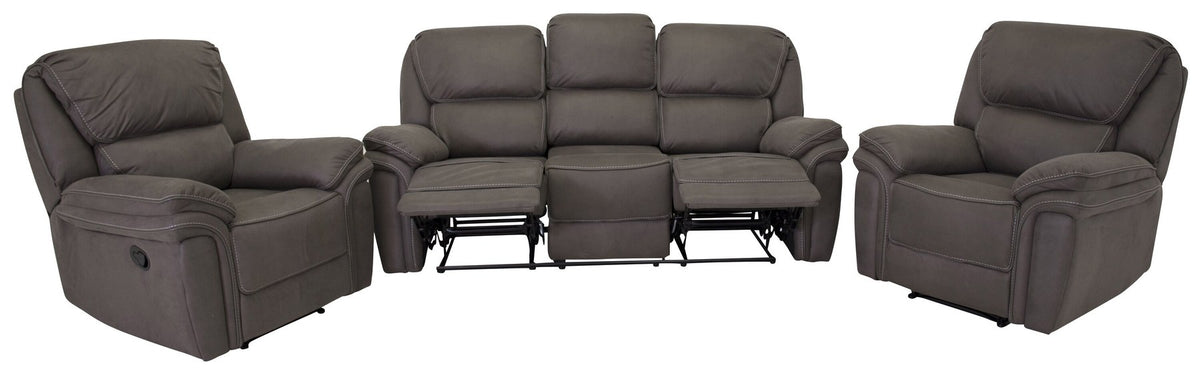 Graues 3er Relaxsofa der Serie Saranda von Venture Home mit Mikrofaser-Bezug, Kunststoffbeinen und Gestell aus Sperrholz und Stahl.