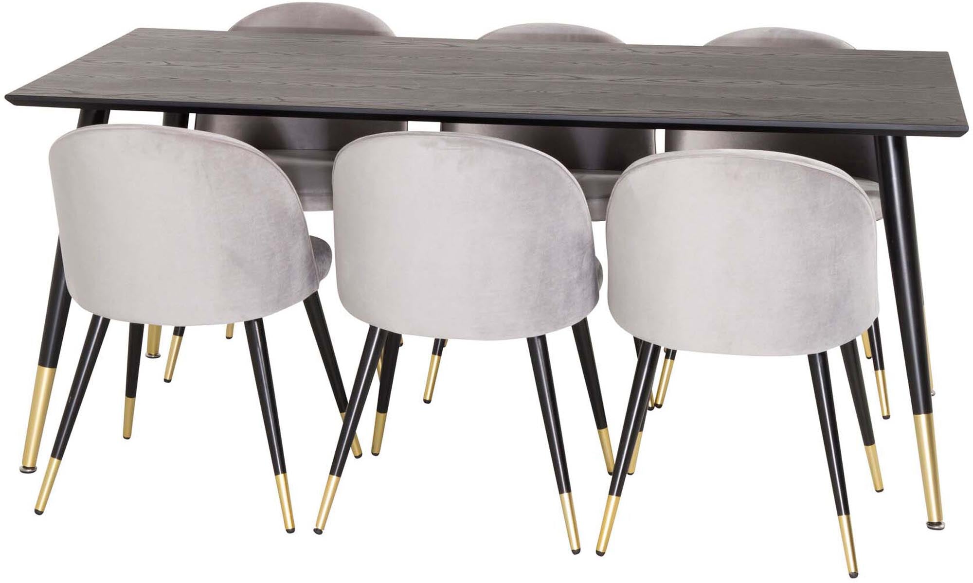 Entdecken Sie das Dipp Esszimmerset von Venture Home: 180 cm Tisch für 6 Personen, kombiniert mit eleganten Samtstühlen für höchsten Komfort.