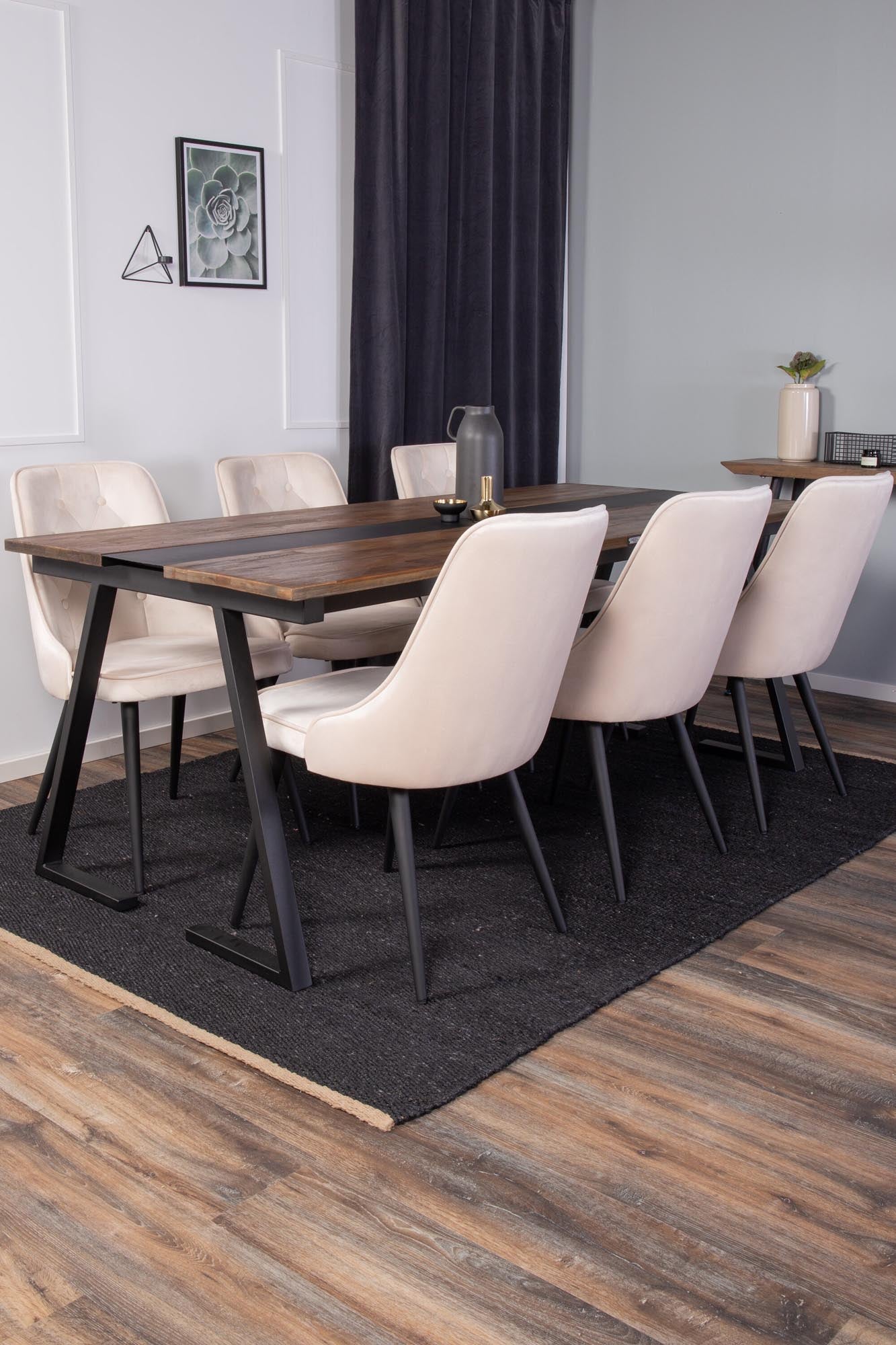 Elegantes Jakarta Esszimmerset mit 200 cm Tisch und 6 luxuriösen Velvet-Stühlen für höchsten Komfort und stilvolles Ambiente.