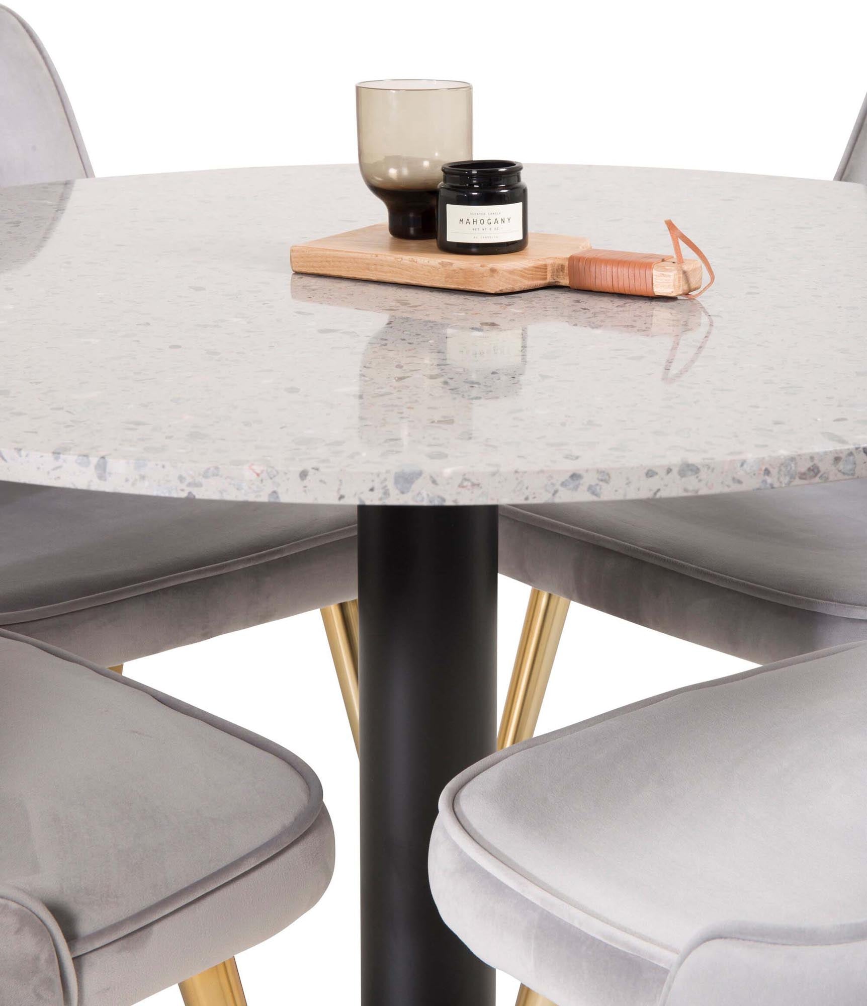 Elegantes Razzia Esszimmerset mit Samtstühlen, 106cm Tisch, stilvoll und komfortabel, ideal für gesellige Anlässe.