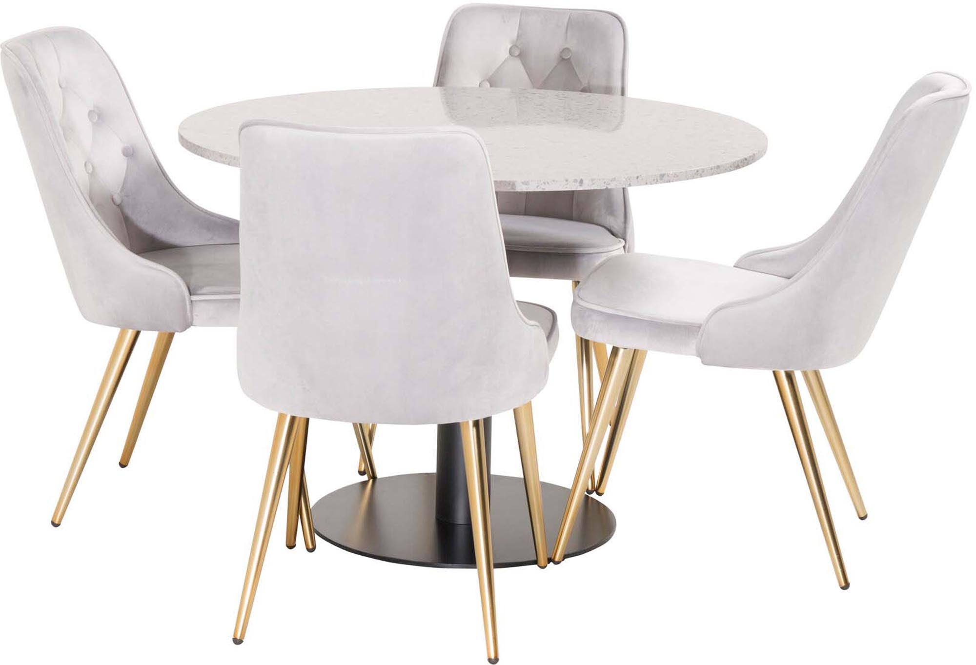 Elegantes Razzia Esszimmerset von Venture Home: 106 cm Tisch und 4 stilvolle Samtstühle, ideal für festliche Anlässe und gesellige Runden.