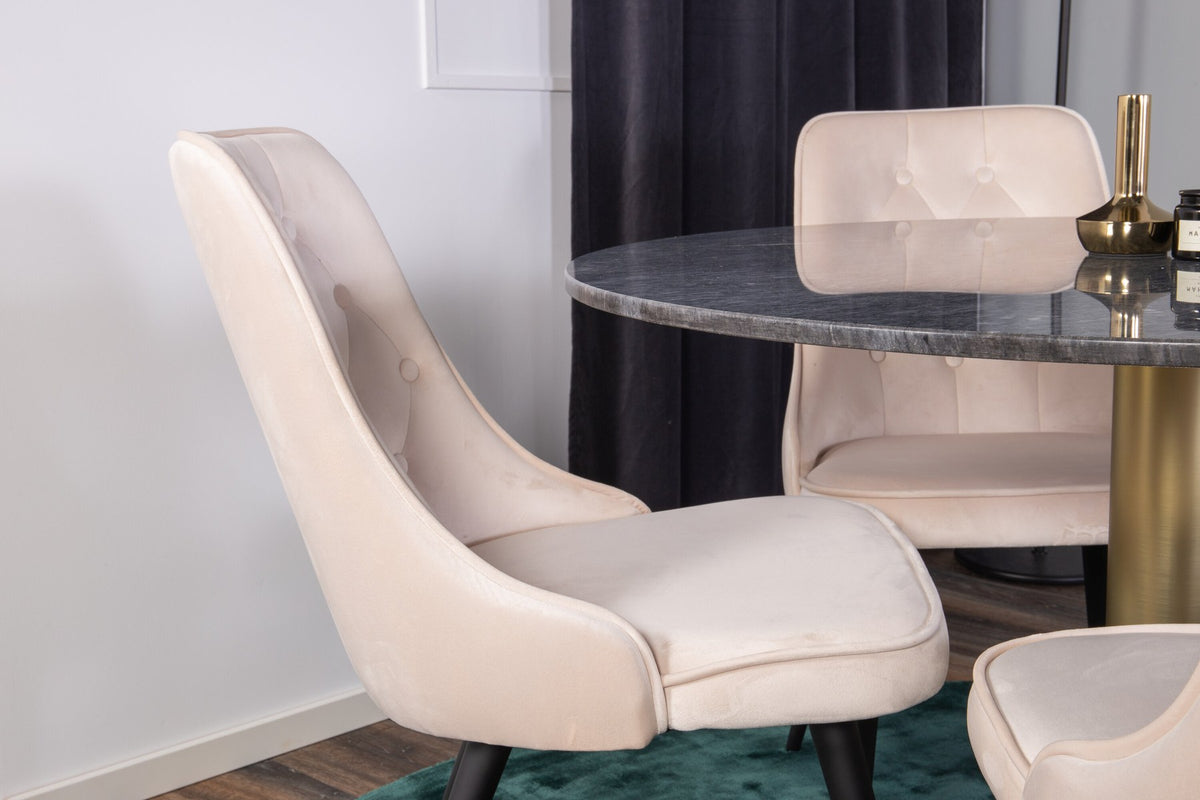 Rundes Esszimmerset Estelle mit schwarzer Marmortischplatte und gebürstetem Messinggestell, dazu vier Velvet Deluxe Stühle in moosgrünem Samt.