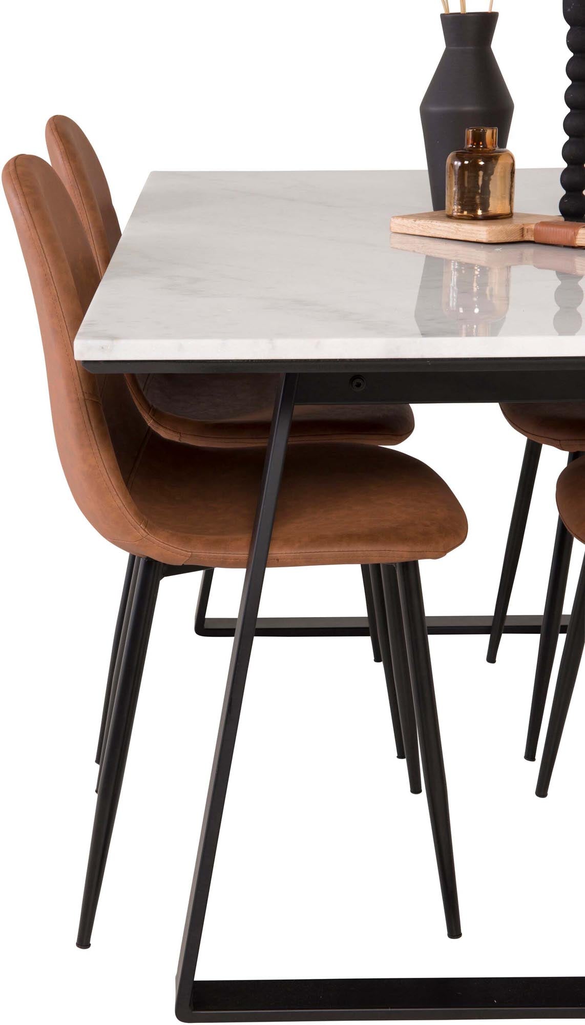 Entdecken Sie das Estelle Esszimmerset + Polar: Eleganz und Komfort für Ihr Esszimmer mit stilvollen Samtstühlen und einem großzügigen Tisch.