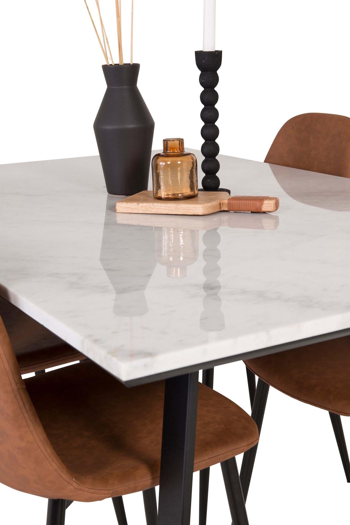 Verleihen Sie Ihrem Esszimmer mit dem Estelle Esszimmerset + Polar einen modernen Look. Stilvolle Samtstühle und ein großzügiger Tisch schaffen eine einladende Atmosphäre.